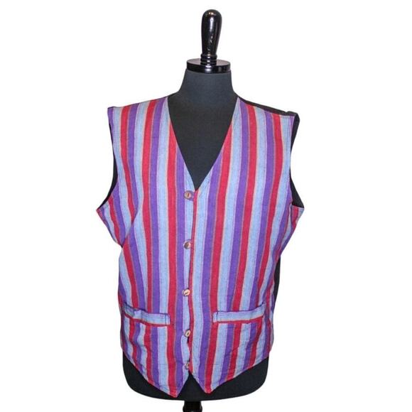 Vintage Men's Striped Vest Cotton Blue Purple Red Waistcoat 90s 1990s - Picture 1 of 5